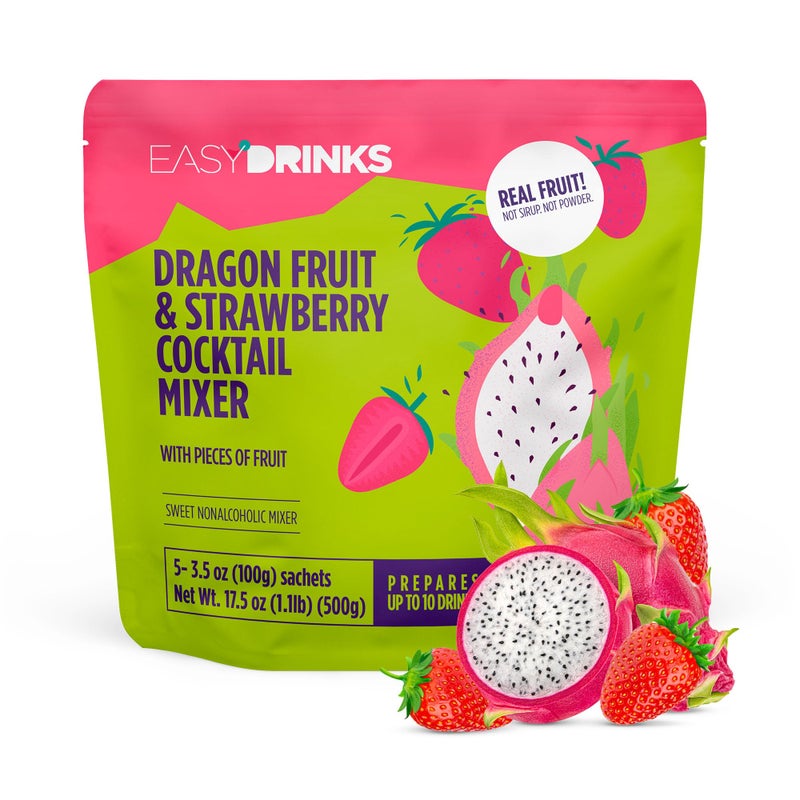 Easy Drinks Pack of 5 Dragon Fruit & Strawberry Cocktail Mixer - Non-Alcoholic, Not Syrup, Not Powder Drink Mix - Made with Real Fruit with Pieces - Prepares Up to 10 Cocktails or Mocktails - 5x 3.5oz - Image 1